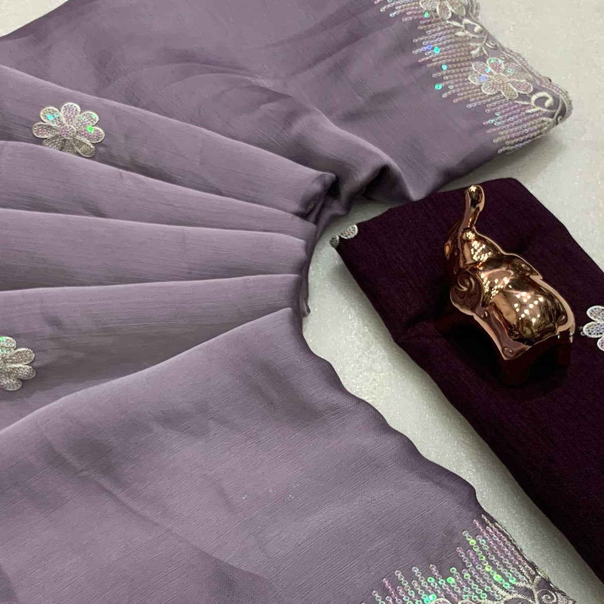 Lightweight Dusty Lavender Embroidered Saree with Shimmering Sequins on Chiffon
