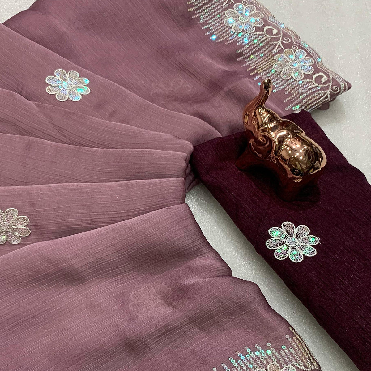 Lightweight Mauve Embroidered Saree with Shimmering Sequins on Chiffon