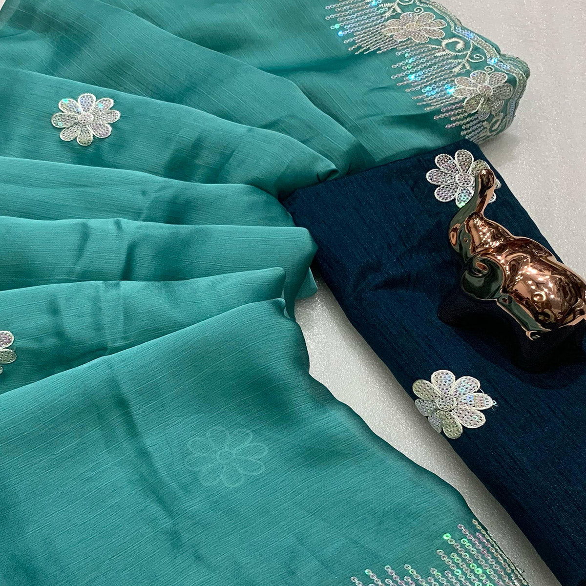 Lightweight Turquoise Embroidered Saree with Shimmering Sequins on Chiffon