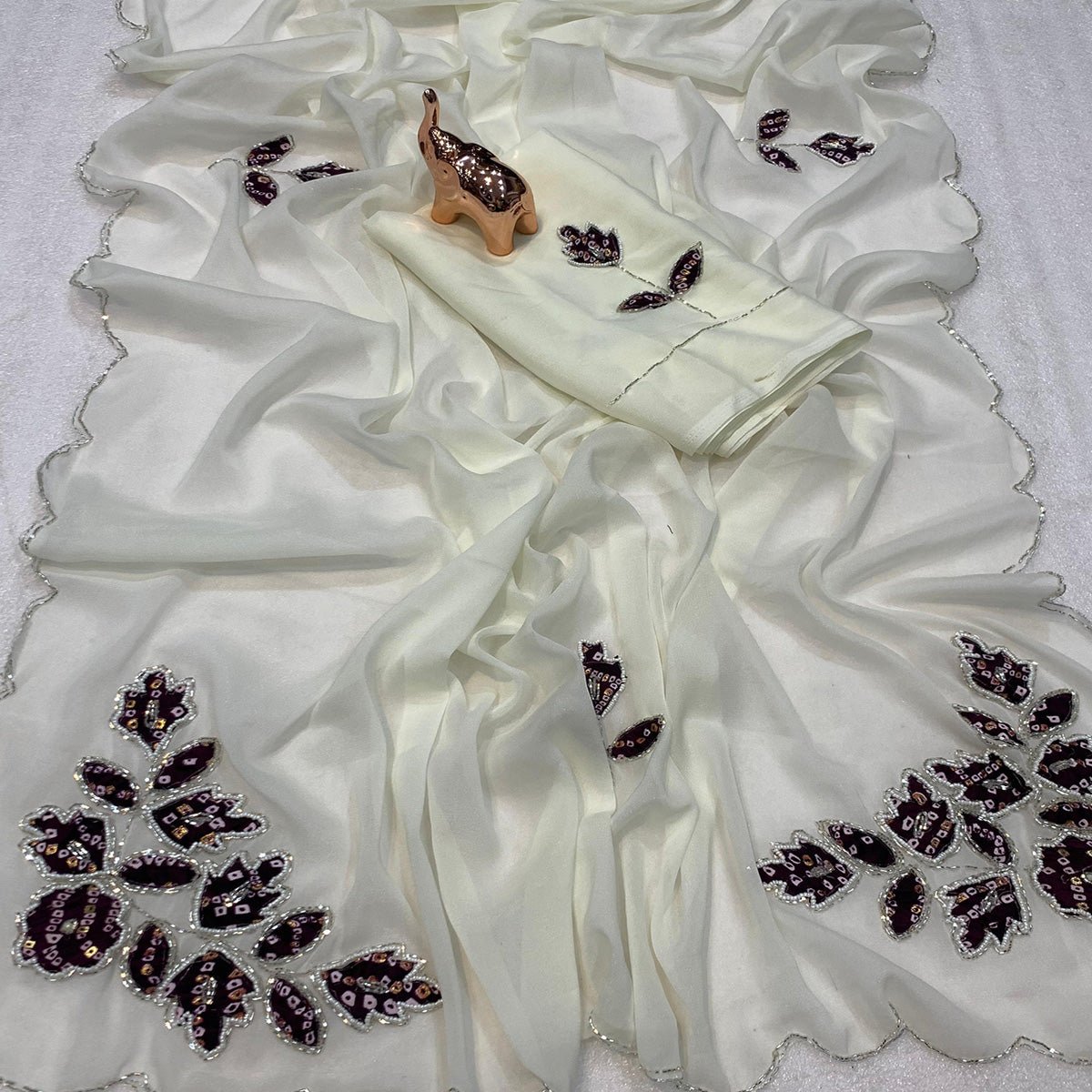 White & Wine Partywear Georgette Saree with Delicate Stone & Bead Work