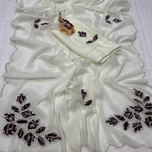 White & Wine Partywear Georgette Saree with Delicate Stone & Bead Work