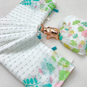 White Linen Cotton Saree with Intricate and Vibrant Digital Printed Designs