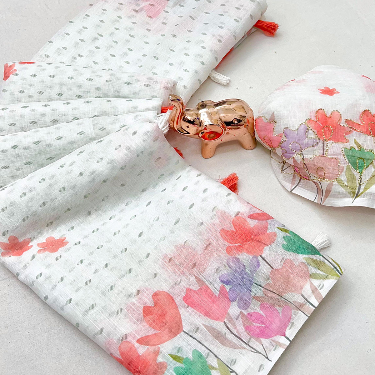 White Linen Cotton Saree with Beautiful and Vibrant Digital Printed Designs