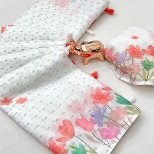 White Linen Cotton Saree with Beautiful and Vibrant Digital Printed Designs
