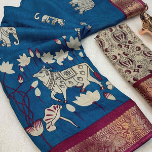 Heritage Inspired Teal Mulmul Saree Featuring Pichwai Art Prints