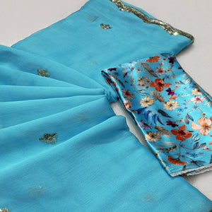 Blue Floral Sequins Embroidered Chiffon Saree