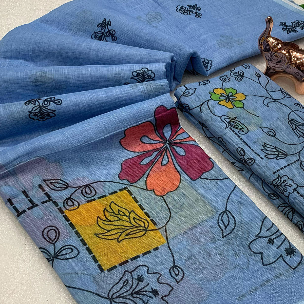 Blue Floral Printed Linen Saree With Elegant Tassel Border