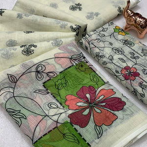 Light Cream Floral Printed Linen Saree With Elegant Tassel Border