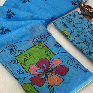 Sky Blue Floral Printed Linen Saree With Elegant Tassel Border