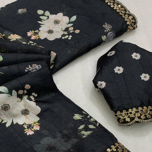 Black Floral Digital Printed Tussar Silk Saree With Sequins Embroidered Border