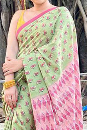 Green Batik Printed Pure Linen Saree With Tassels