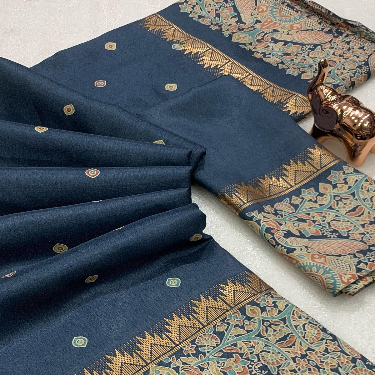 Grey Cotton Silk Saree with Zari-Woven Border and Subtle Printed Accents