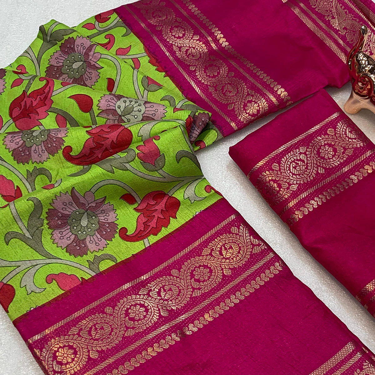Green Saree In Dola Silk Featuring Floral Kalamkari Print & Rich Jacquard Border