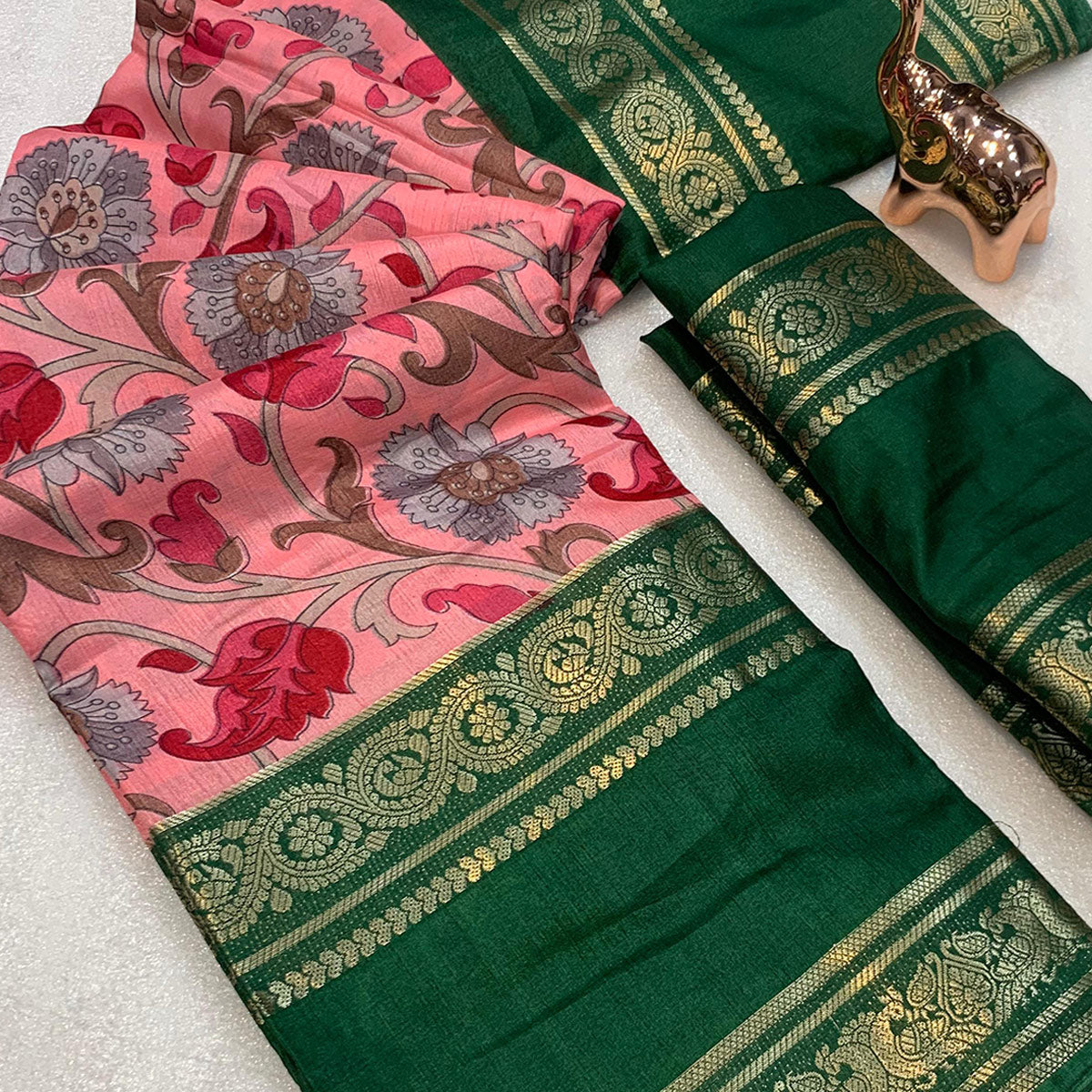Peach Saree In Dola Silk Featuring Floral Kalamkari Print & Rich Jacquard Border