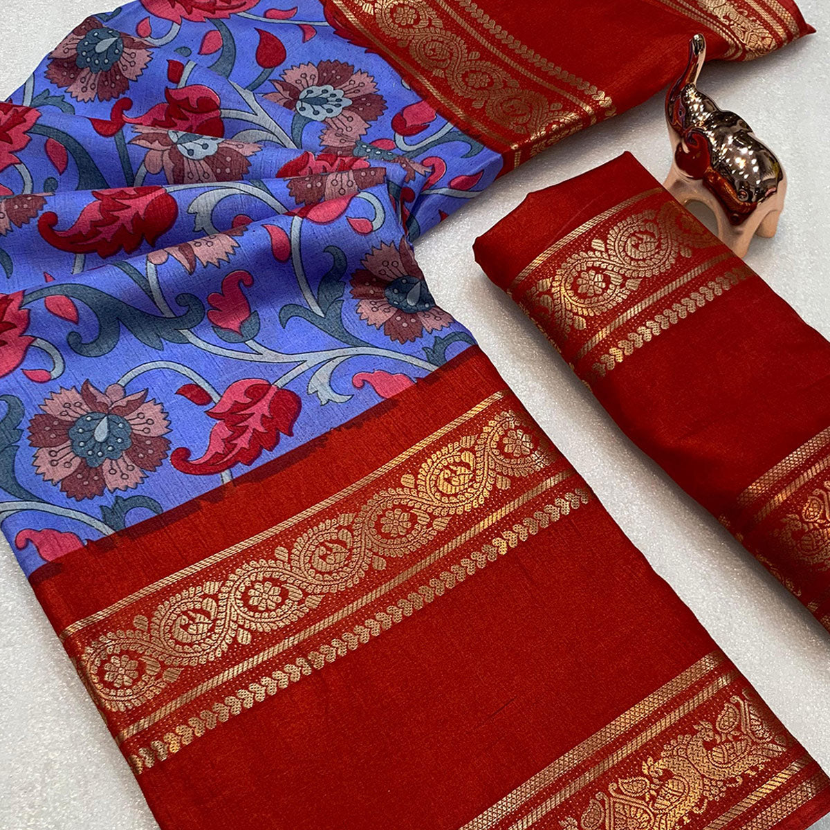 Periwinkle Blue Saree In Dola Silk Featuring Floral Kalamkari Print & Rich Jacquard Border
