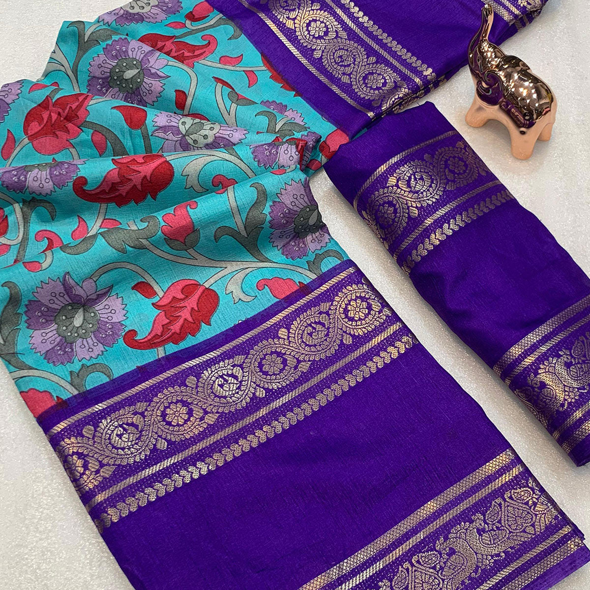 Turquoise Saree In Dola Silk Featuring Floral Kalamkari Print & Rich Jacquard Border