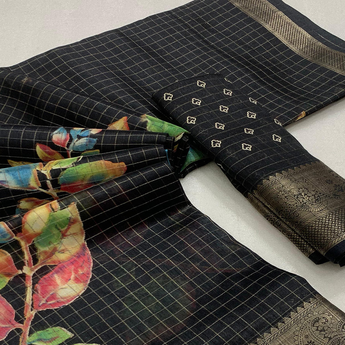 Black Floral Printed With Woven Dola Silk Saree