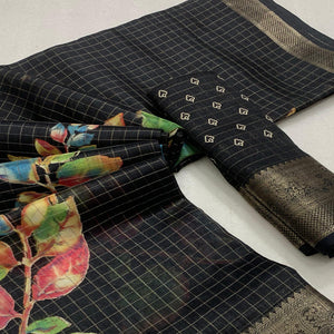Black Floral Printed With Woven Dola Silk Saree
