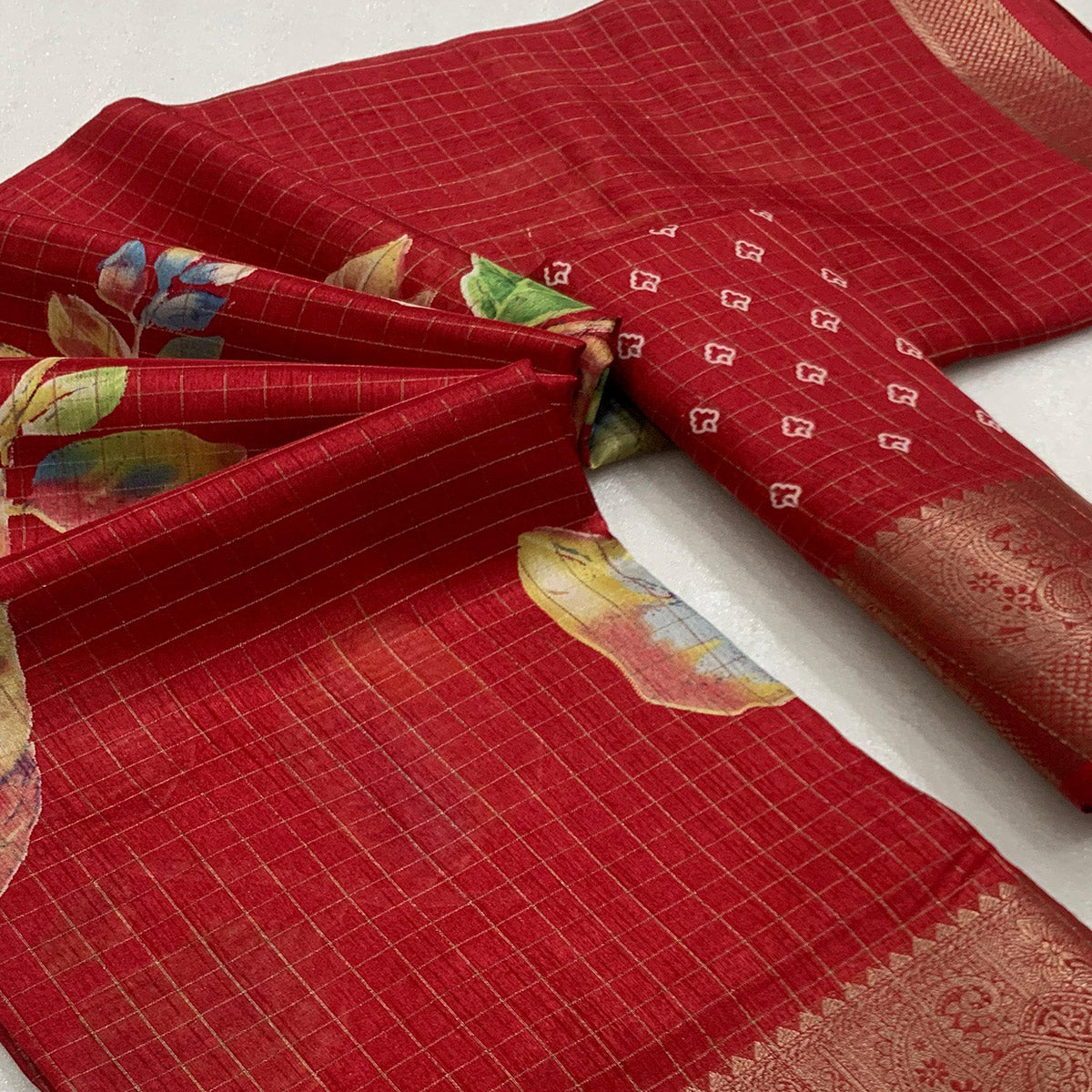 Red Floral Printed With Woven Dola Silk Saree