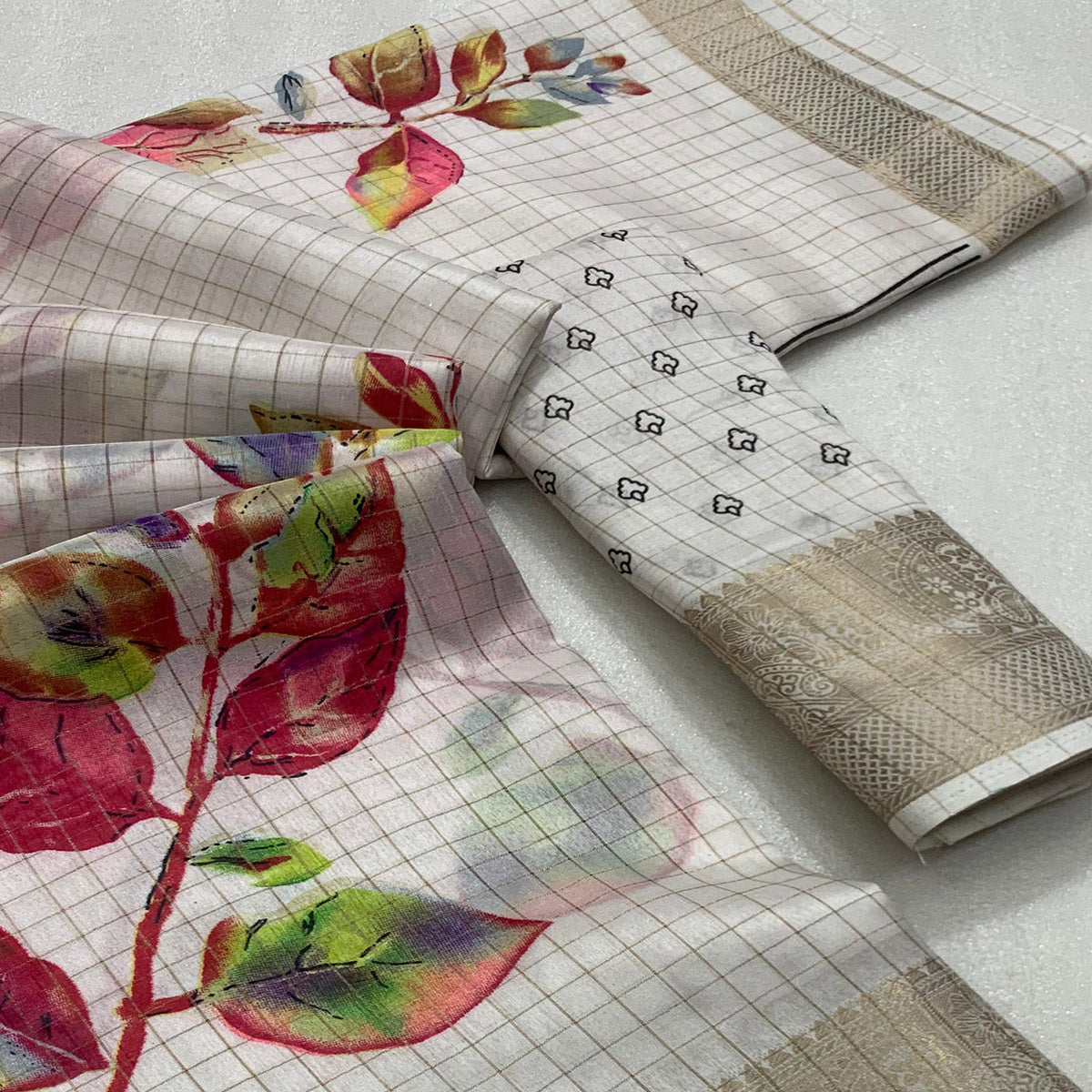 White Floral Printed With Woven Dola Silk Saree