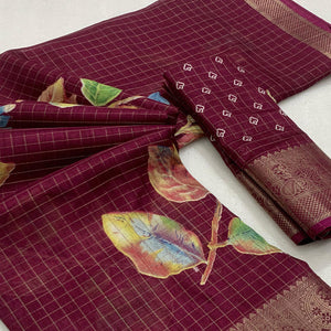Wine Floral Printed With Woven Dola Silk Saree