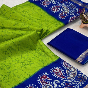 Green & Blue Abstract Printed Dola Silk Saree Enhanced With Kalamkari Art Pallu