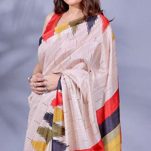 Beige Digital Printed Tussar Silk Saree