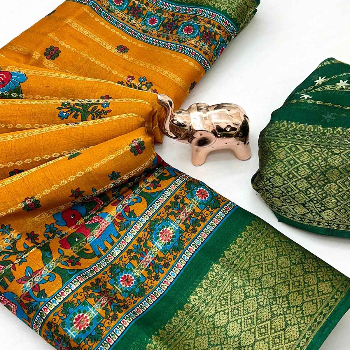 Regal Mustard Weaving Dola Silk Saree Adorned With Artistic Elephant & Floral Print