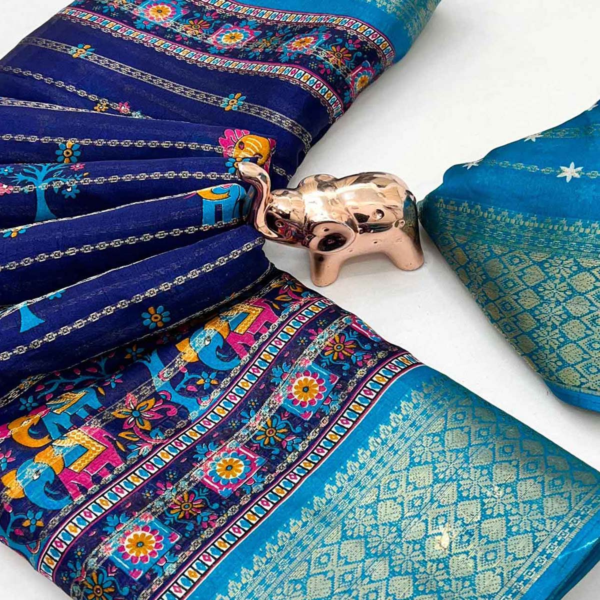Regal Navy Blue Weaving Dola Silk Saree Adorned With Artistic Elephant & Floral Print