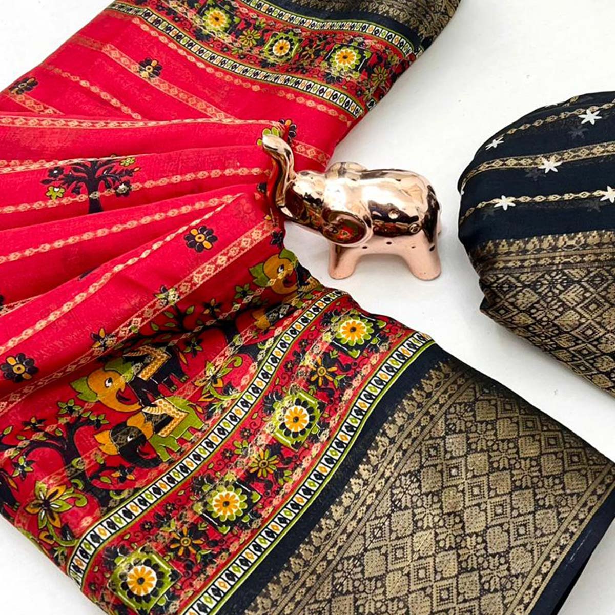 Regal Pink Weaving Dola Silk Saree Adorned With Artistic Elephant & Floral Print