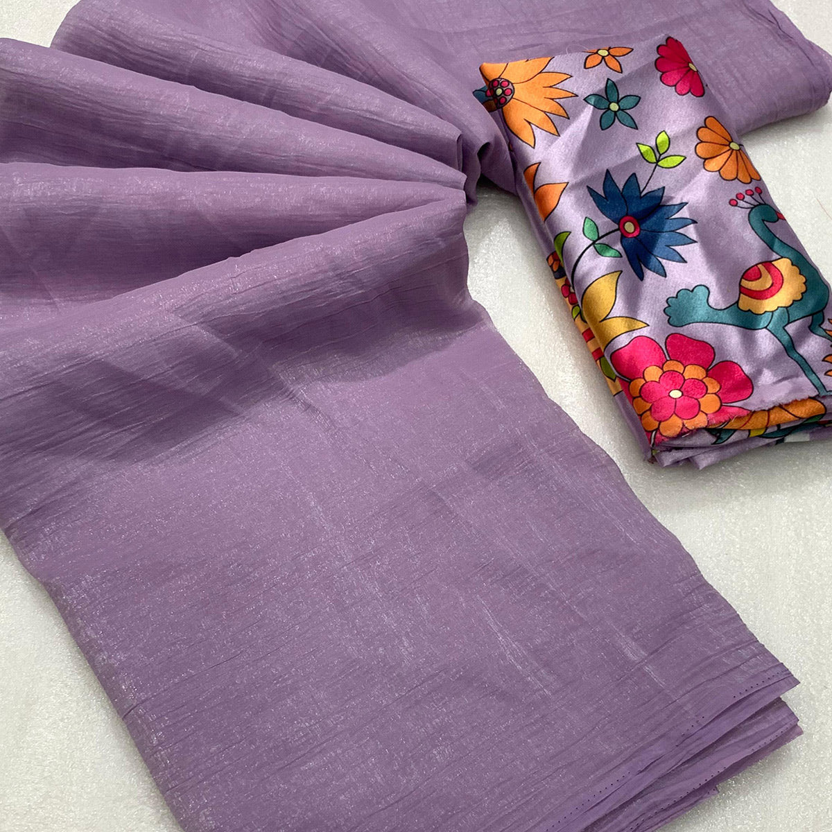Lavender Solid Crepe Crush Saree
