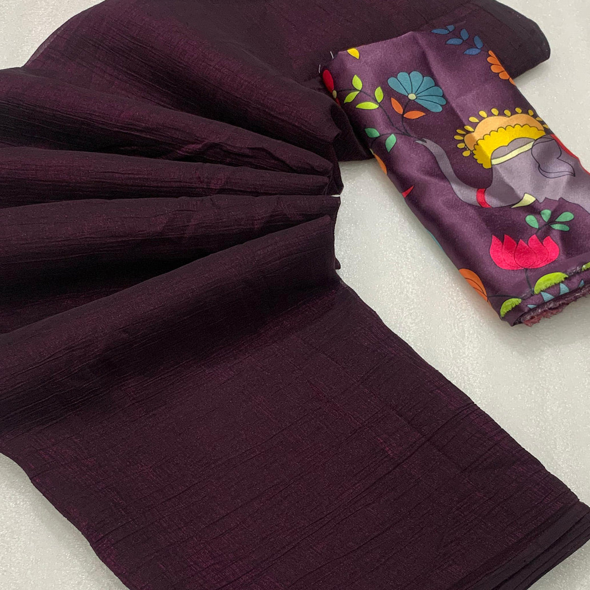 Wine Solid Crepe Crush Saree