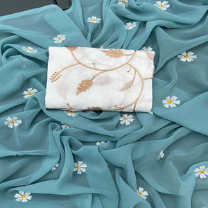 Blue Floral Embroidered Georgette Saree