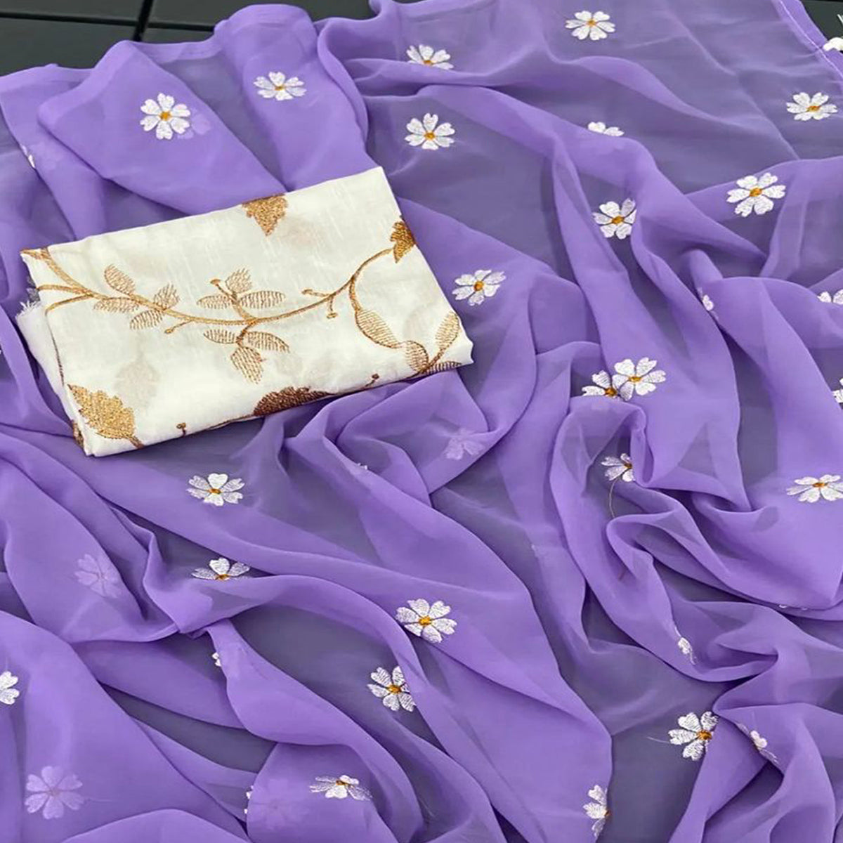 Lavender Floral Embroidered Georgette Saree
