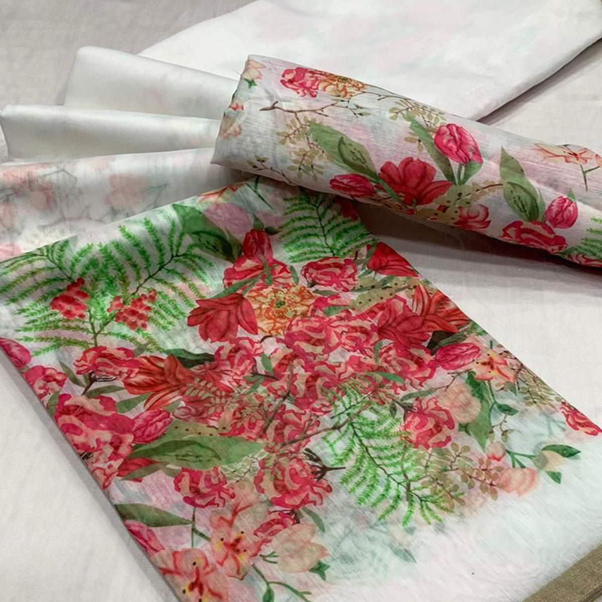 White Floral Digital Printed Linen Saree