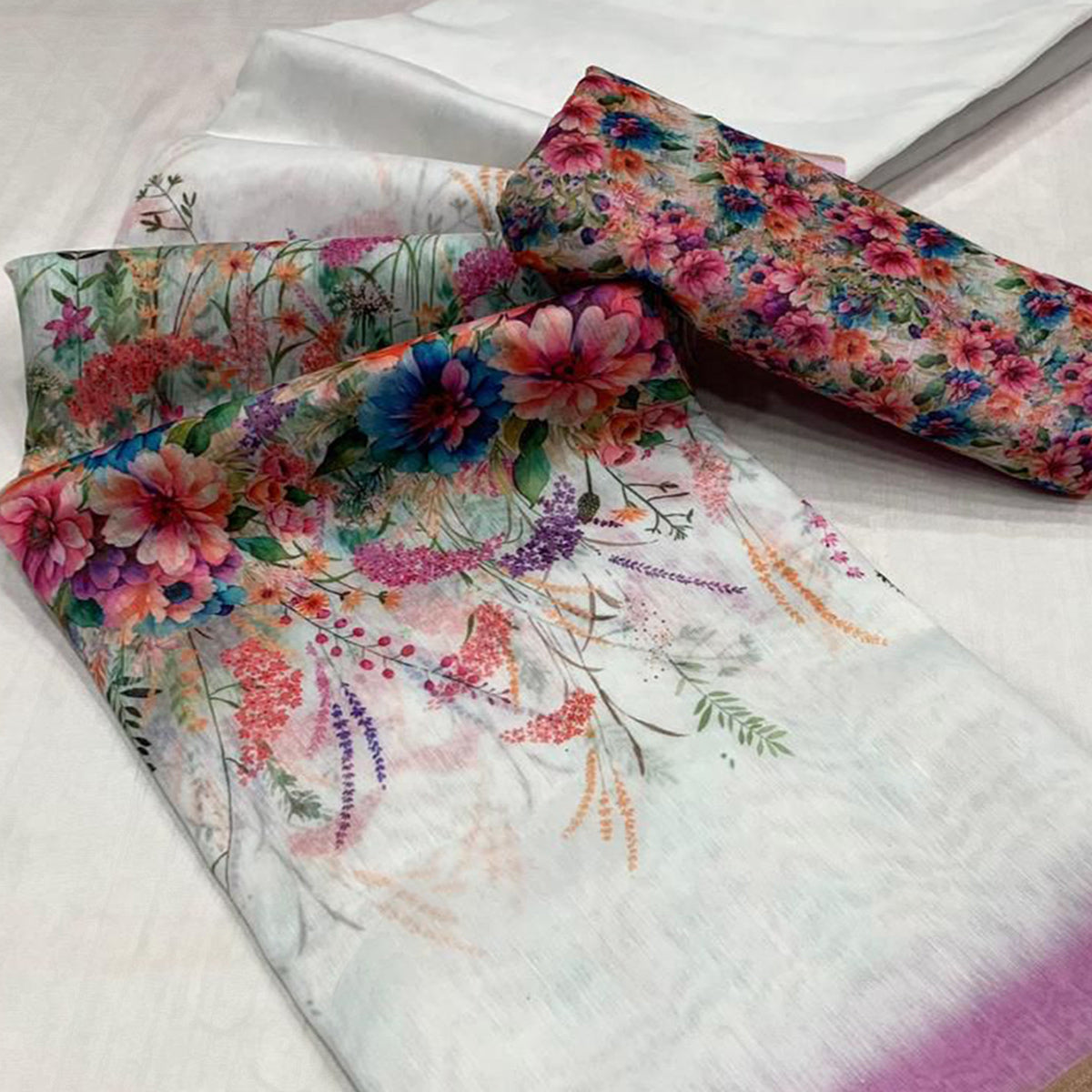 White & Purple Floral Digital Printed Linen Saree