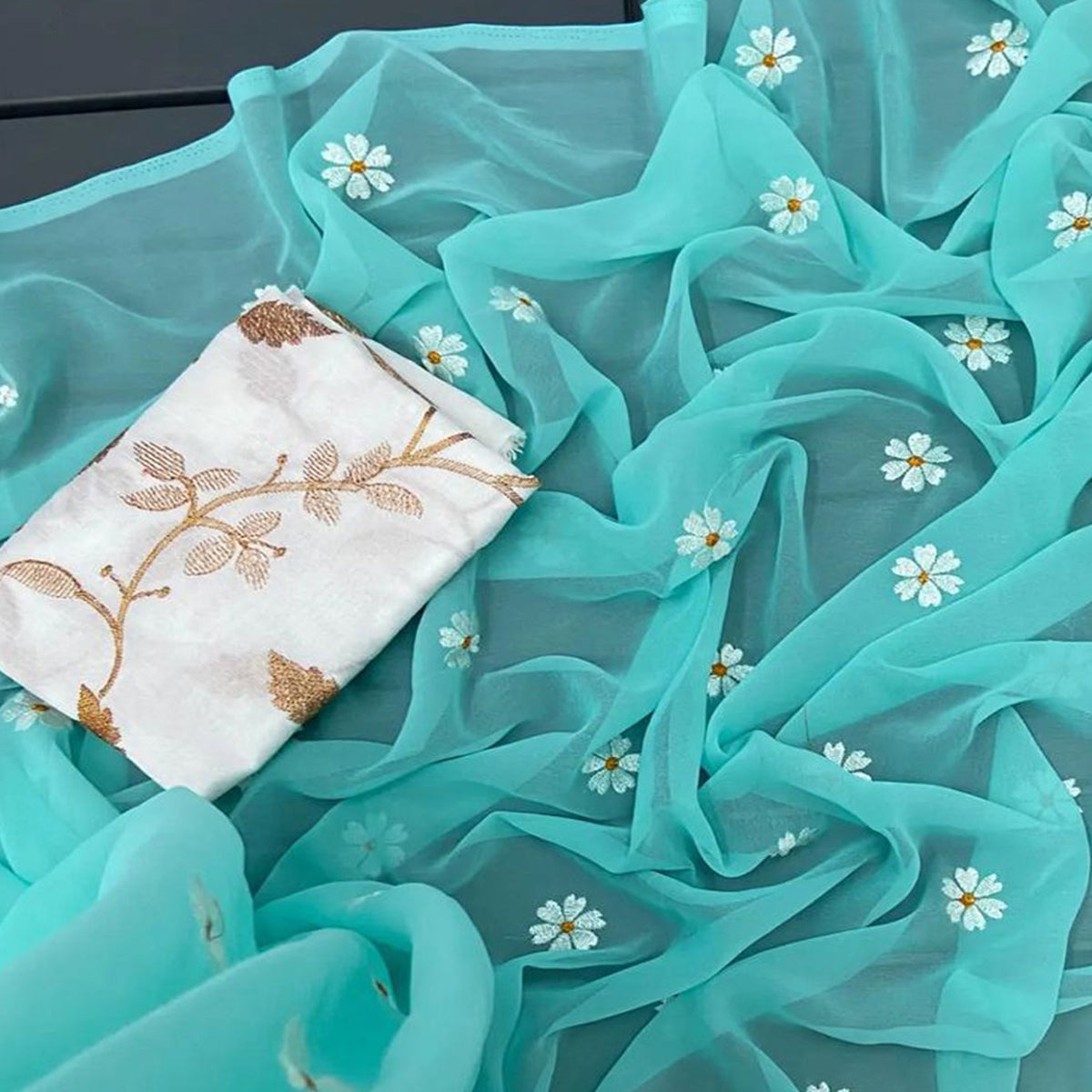 Turquoise Floral Embroidered Georgette Saree