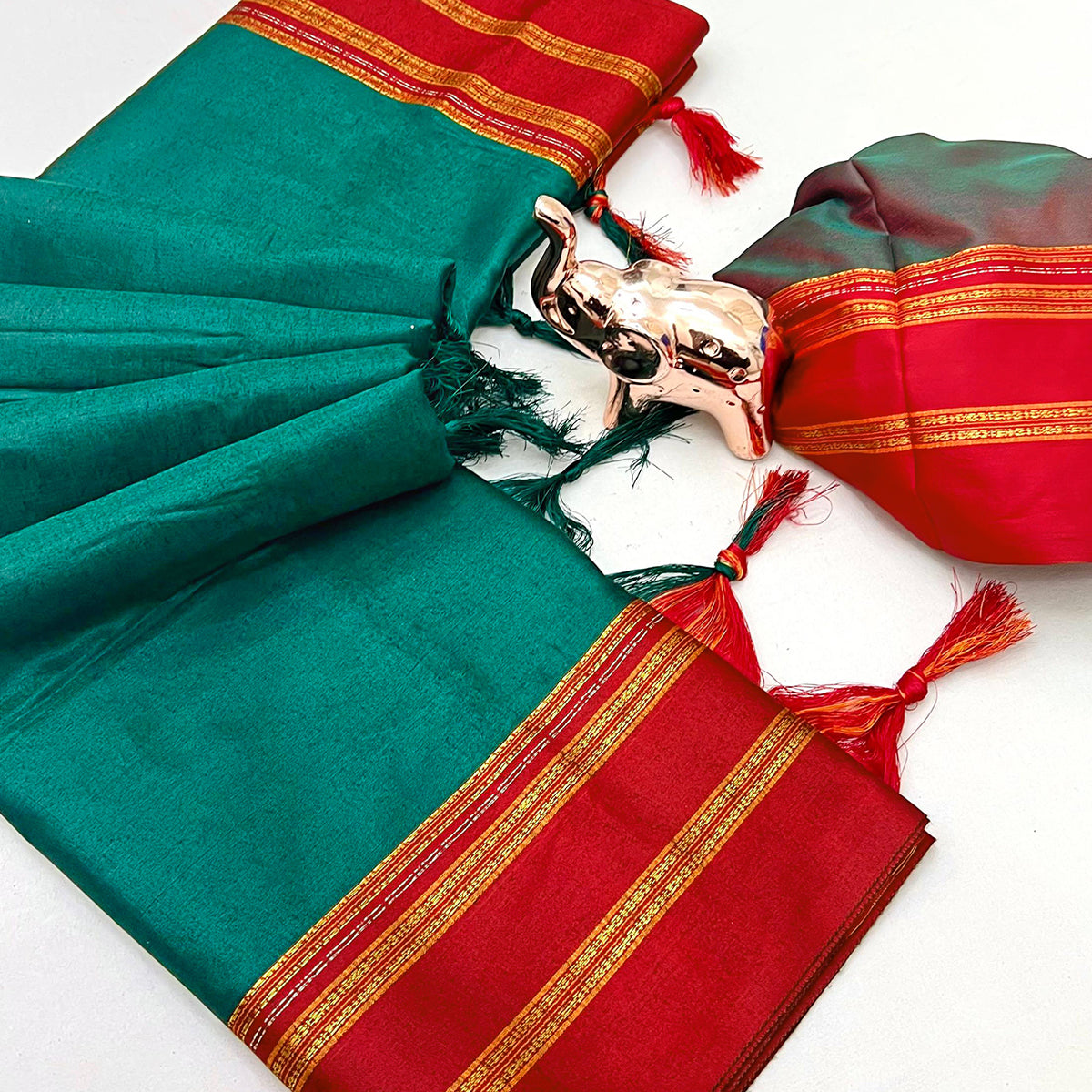 Classic Rama Green Solid Weaving Pure Silk Saree Accented With Woven Striped Pallu & Tassel Finish