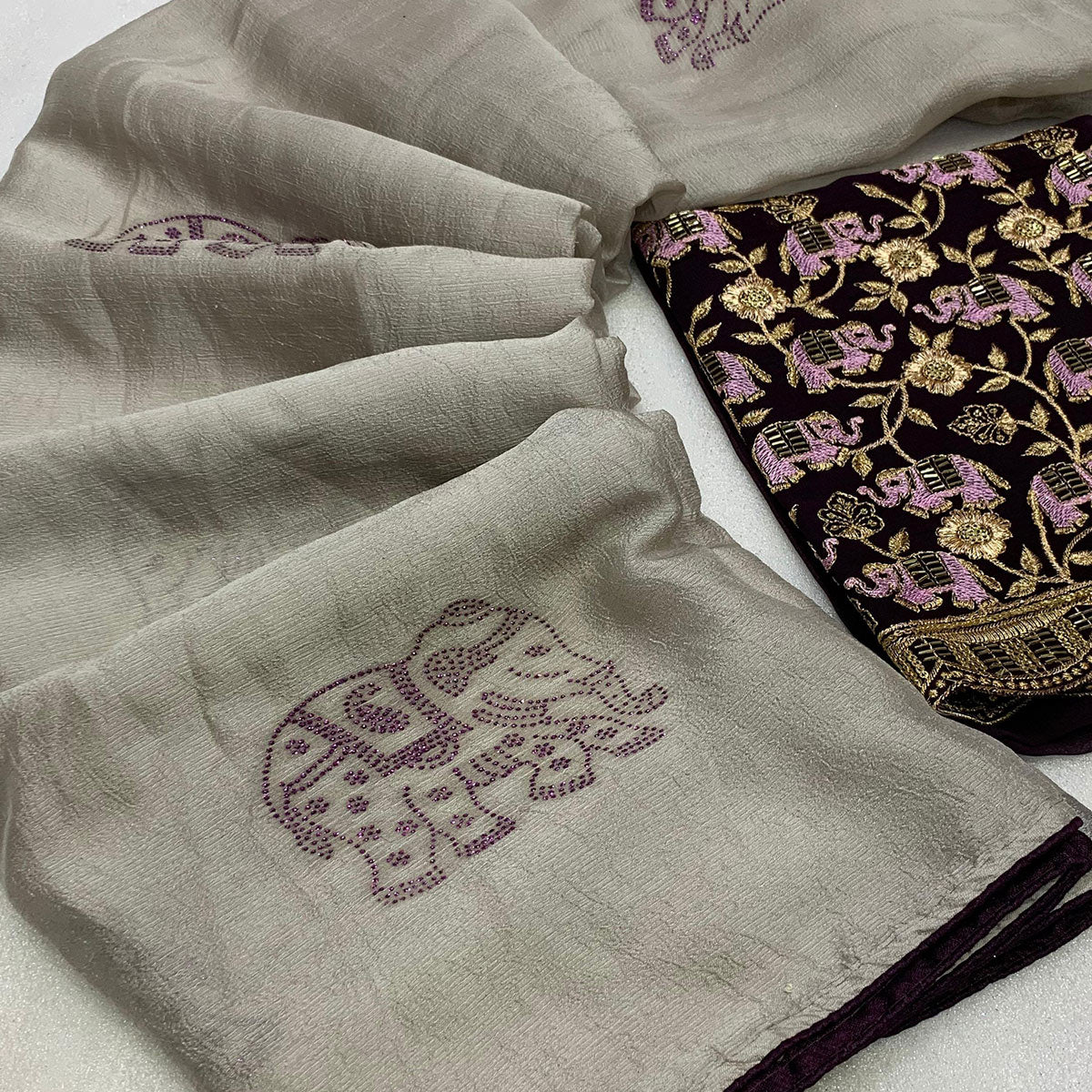 Grey Swarovski Embroidered Art Silk Saree