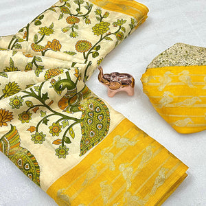 Elegant Cream & Yellow Cotton Blend Saree Adorned With Vibrant Peacock Floral Print