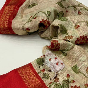 Cream Floral Printed Kota Doria Saree