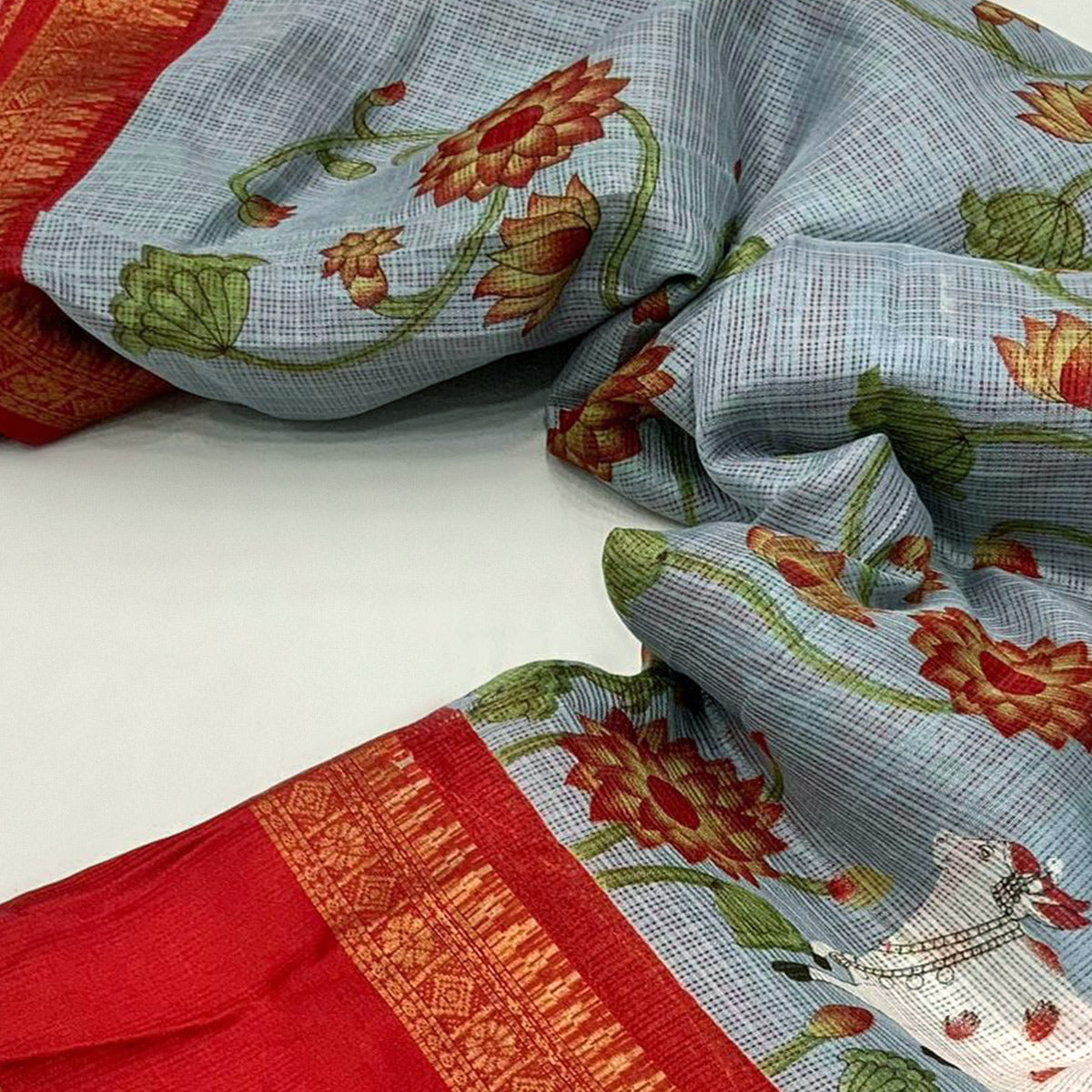Grey Floral Printed Kota Doria Saree