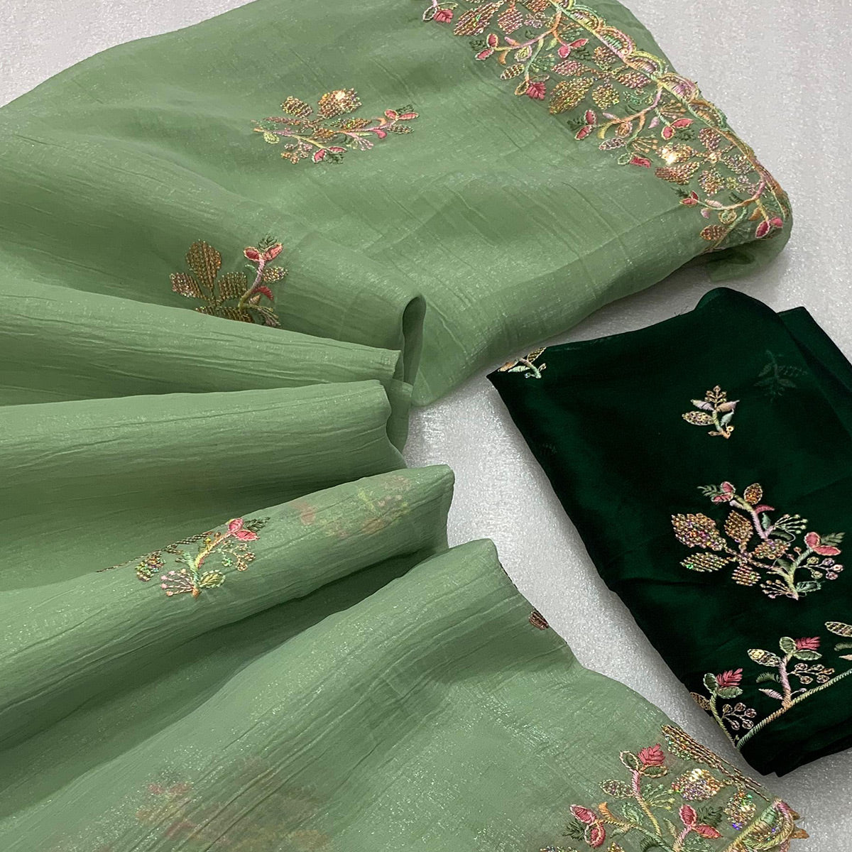 Green Floral Embroidered Crunchy Chiffon Saree