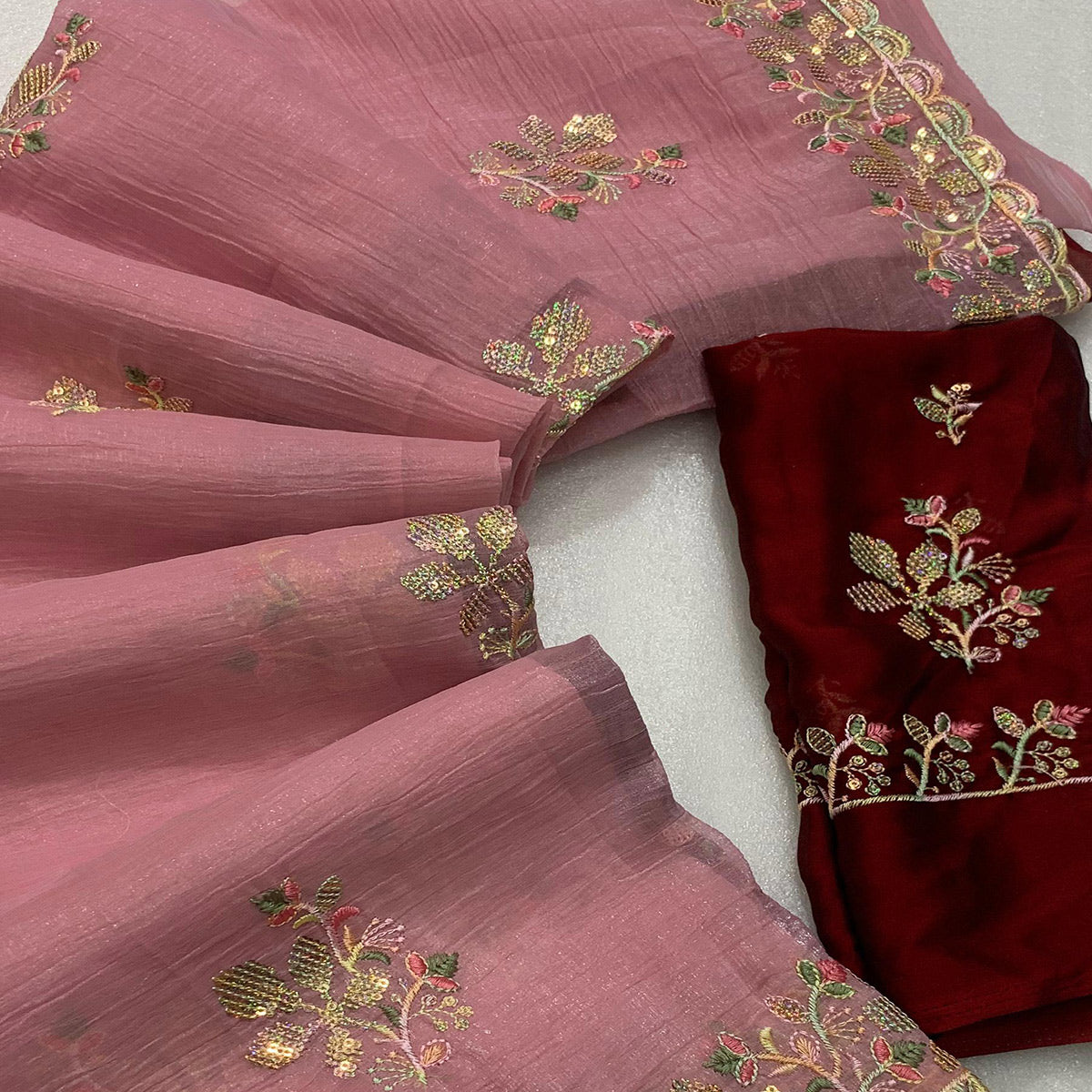 Pink Floral Embroidered Crunchy Chiffon Saree
