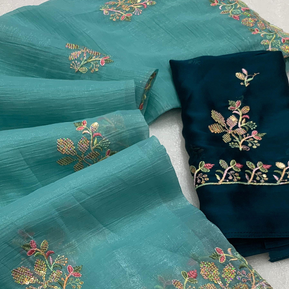 Turquoise Floral Embroidered Crunchy Chiffon Saree