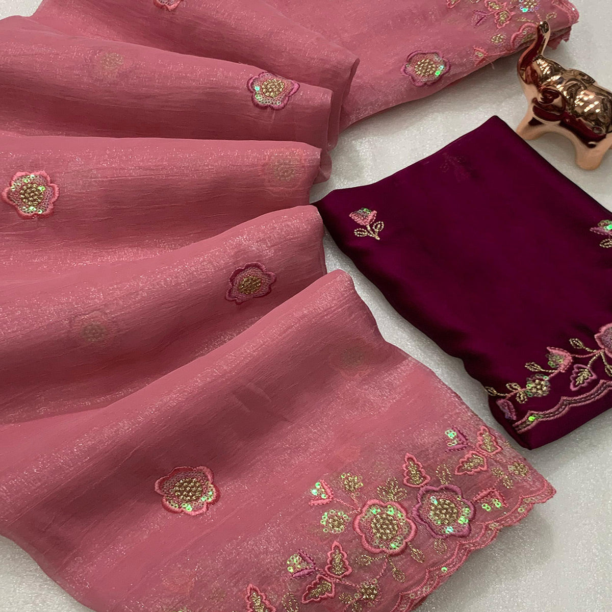Gajari Pink Floral Sequins Embroidered Chiffon Saree