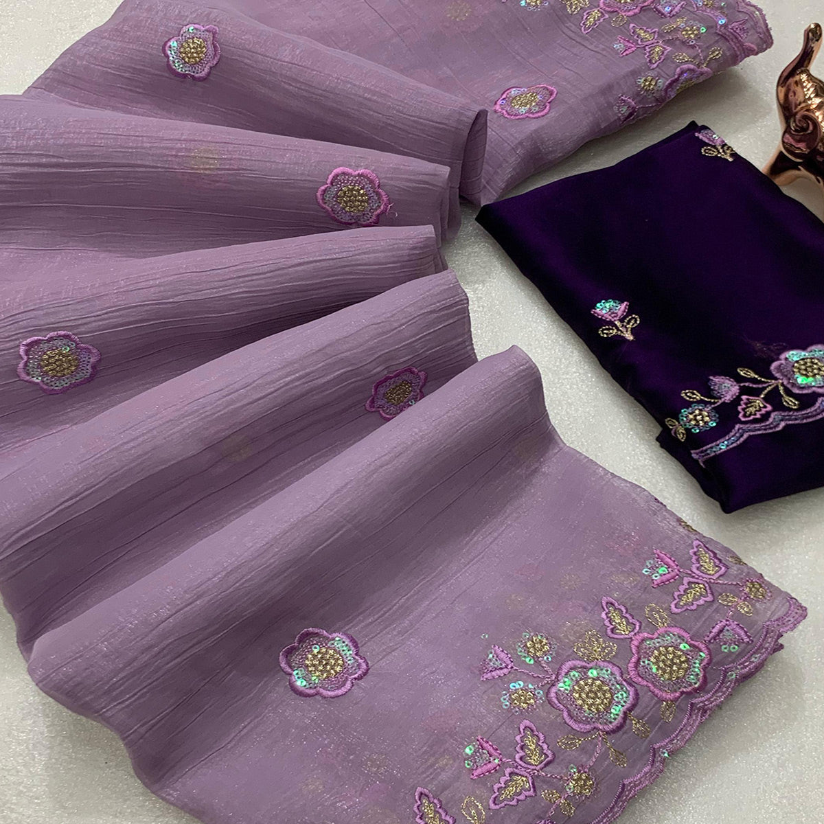 Lavender Floral Sequins Embroidered Chiffon Saree
