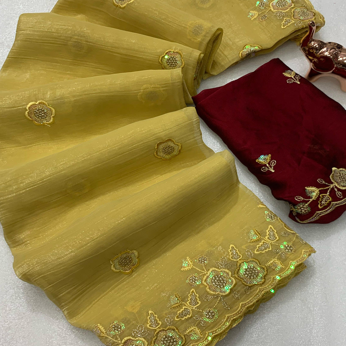 Mustard Floral Sequins Embroidered Chiffon Saree