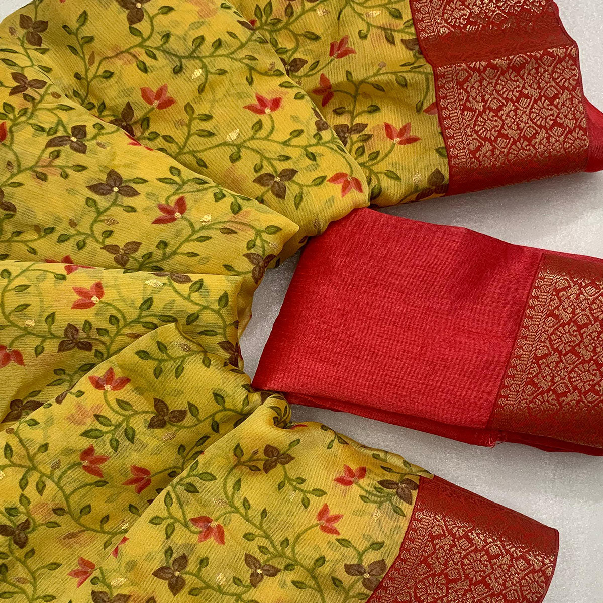 Yellow Floral Foil Printed Chiffon Saree