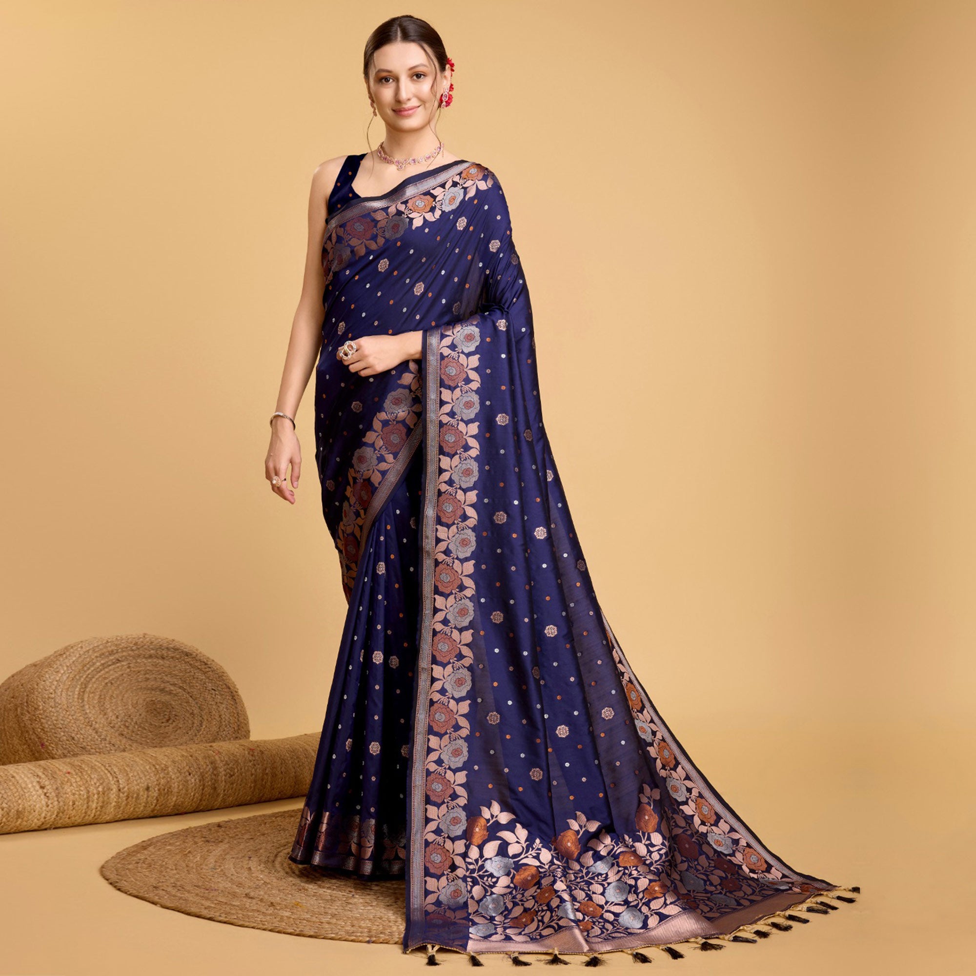 Blue Floral Woven Banarasi Silk Saree